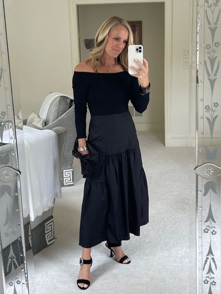 Off the shoulder, black maxi dress
Size up one I’m wearing a size Small 

Christmas party, dress, 
holiday party dress 
classic black dress 
timeless LBD 
Jimmy Choo suede Crystal  buckle sandal  


#LTKstyletip #LTKSeasonal #LTKHoliday