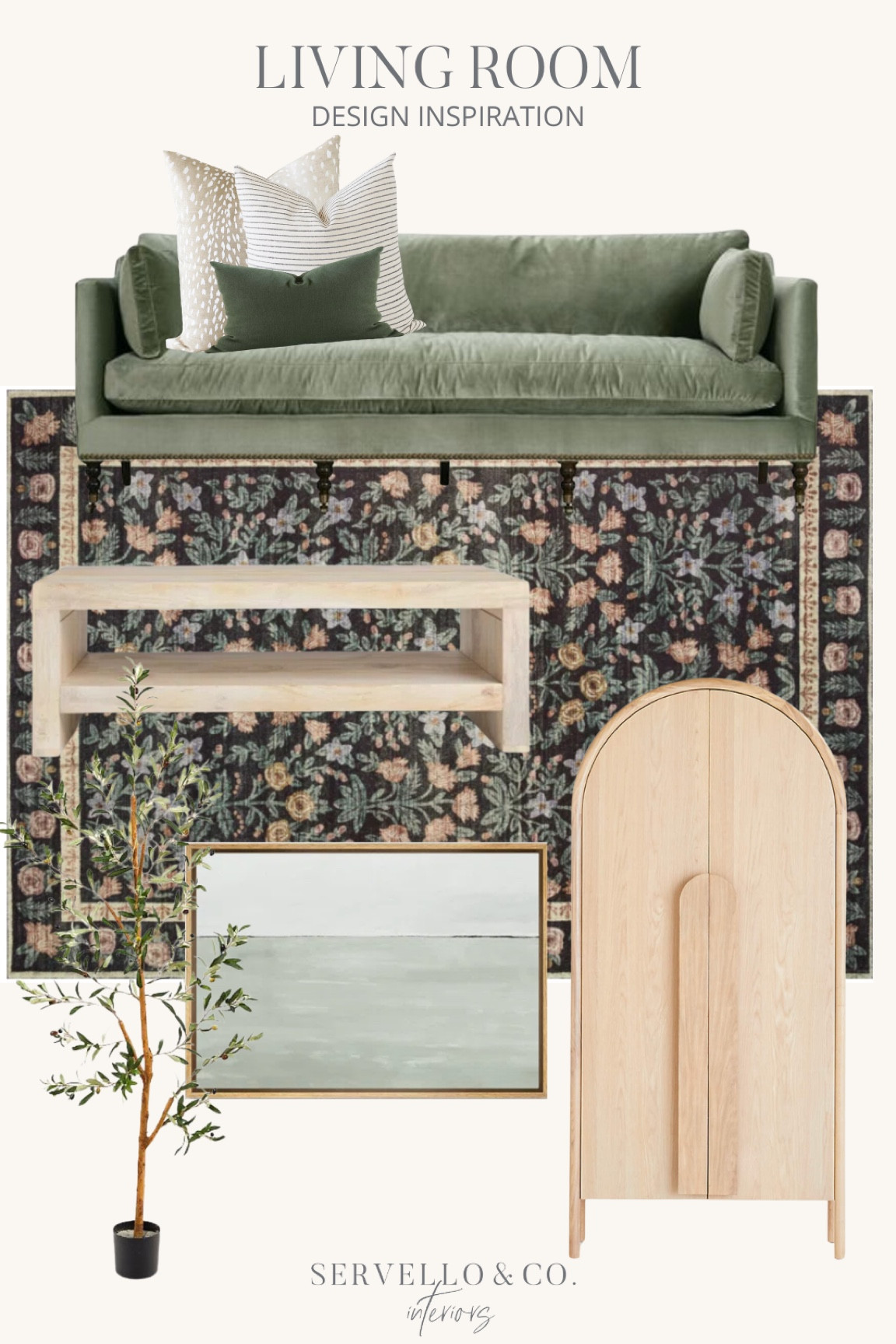 Living room design, living room decor, green living room. Loloi area rug, oak cabinet, oak coffee table, neutral wood coffee table, velvet couch, neutral throw pillows  

#LTKfindsunder100 #LTKsalealert #LTKhome