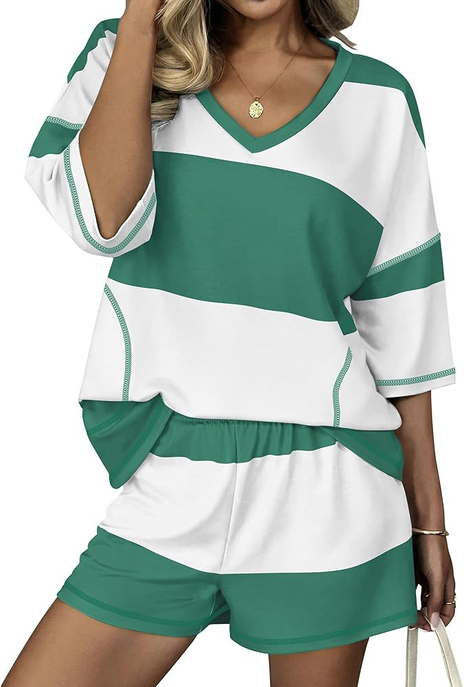 Ekouaer Two Piece Sets for Women Summer Lounge Sets 2026 Striped Shirts and Shorts Set Oversized ... | Amazon (US)