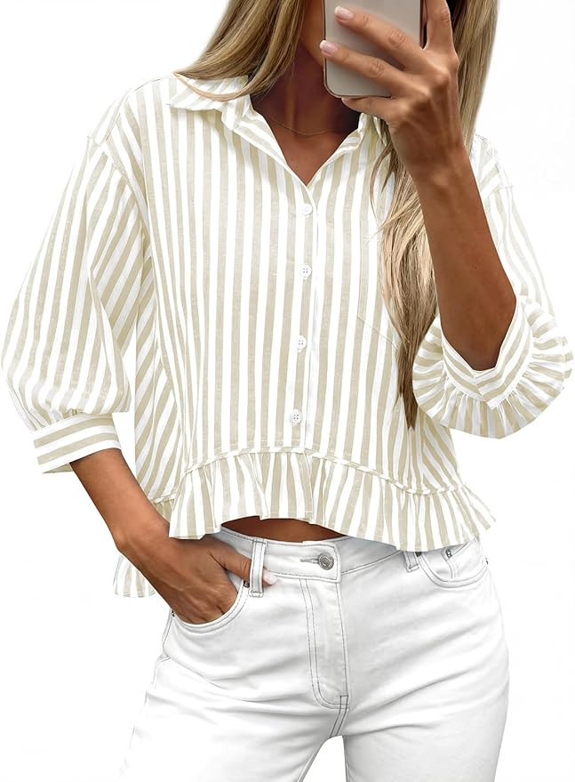 PRETTYGARDEN Striped V Neck 3/4 Length Sleeve Oversized Button Down Shirts for Women Ruffle Summe... | Amazon (US)