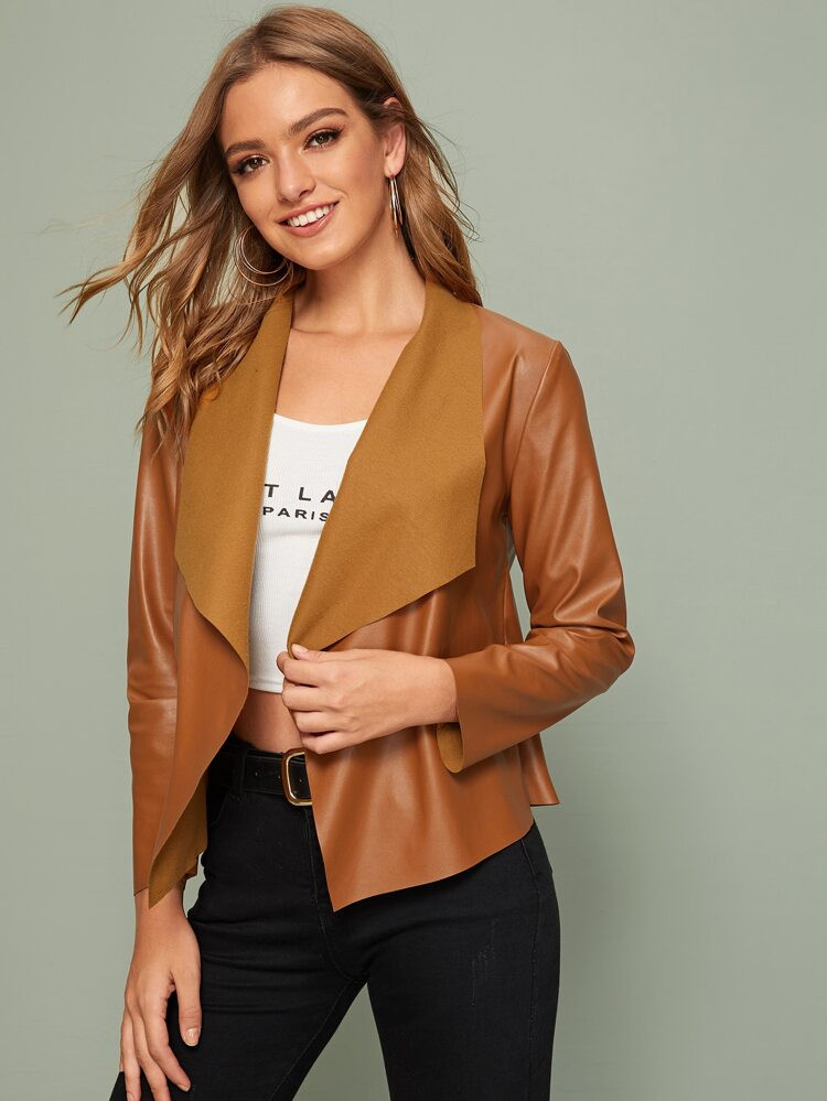 SHEIN Waterfall Collar Faux Leather Jacket | SHEIN