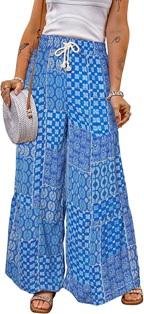 Happy Sailed Womens Boho Print Palazzo Pants Elastic High Waist Drawstring Wide Leg Hippie Bohemi... | Amazon (US)