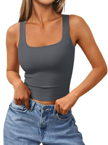 Trendy Queen Women's Summer Square Neck Tank Tops Workout Cropped Ribbed Summer Camisole Sleeveless Clothes 2025 BlackGrey XS | Amazon (US)