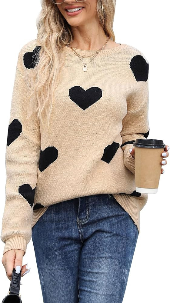 Cogild Women Cute Heart Sweaters Casual Lattern Sleeve Crew Neck Knit Pullover Sweater Top | Amazon (US)