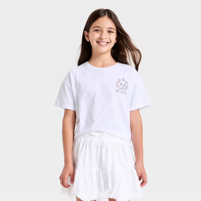 Girls' Aristocats Marie Paris Oversized Front and Back Short Sleeve Graphic T-Shirt - White XS | Target