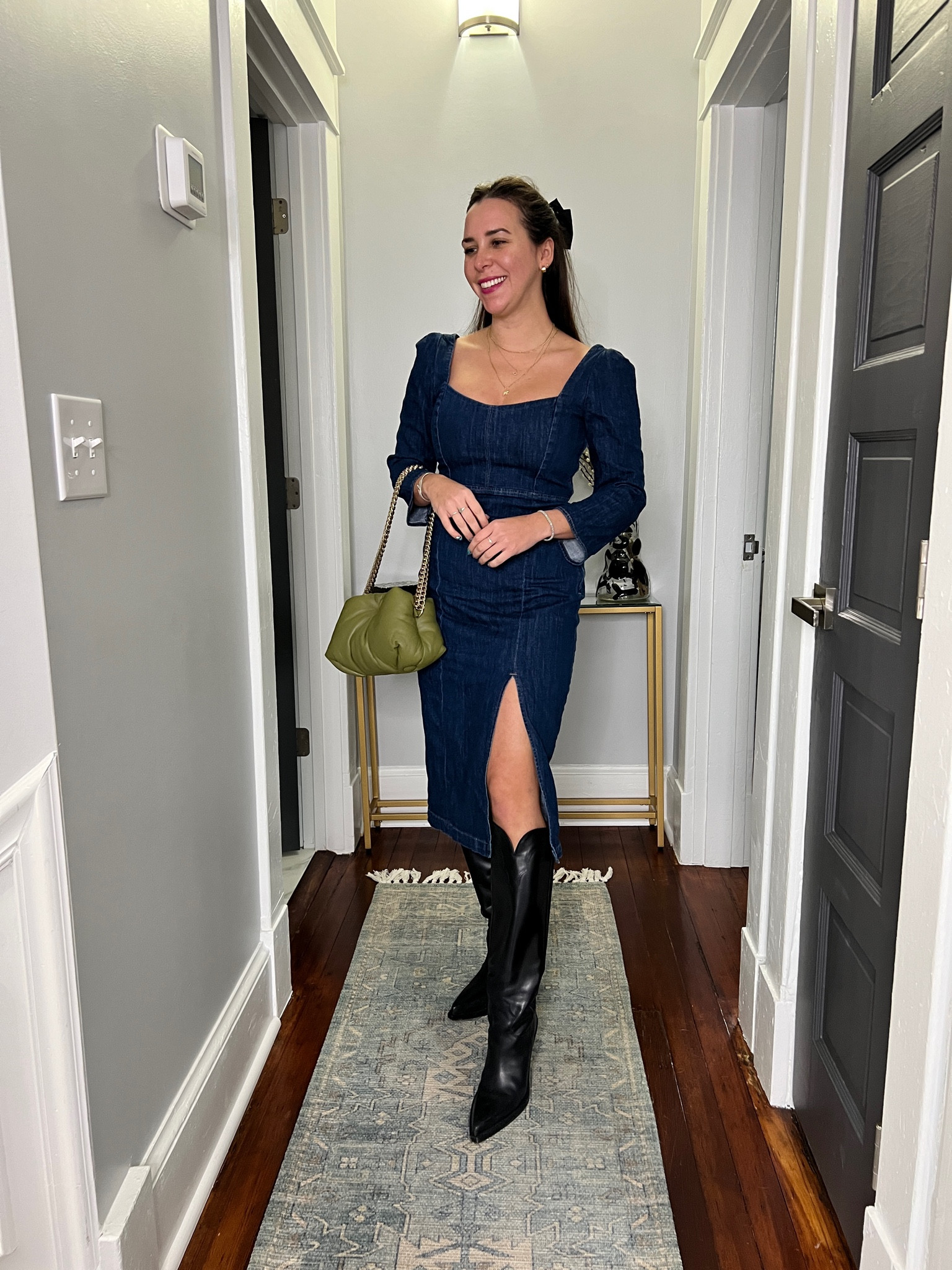 Denim midi dress. Rent the runway. Knee high boots and midi dress. Heeled cowboy boots. Paris Texas boots.

#LTKHoliday #LTKshoecrush #LTKstyletip