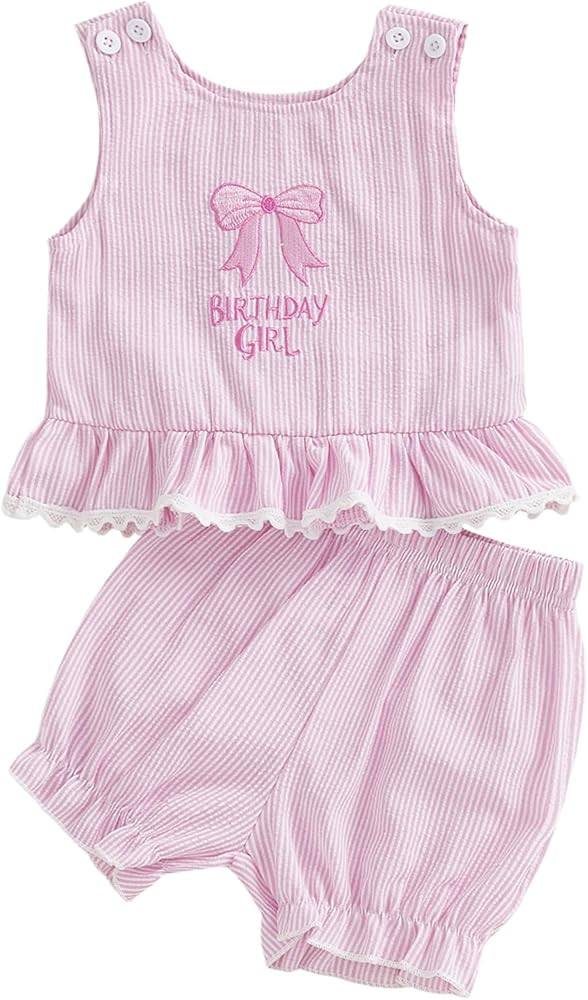 Kayotuas Baby Girl Birthday Outfit Bow Cupcake Embroidery Ruffle Tank Top Bubble Shorts Infant Gi... | Amazon (US)