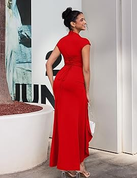 YMDUCH Women's Casual Short Sleeve Boat Neck Ruched High Split Bodycon Long Party Dress | Amazon (US)