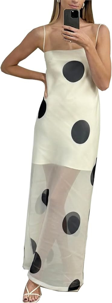 Amazon.com: Cslbiuni Women\u2019s Sexy Sheer Mesh Polka Dot Maxi Dresses Spaghetti Strap Sleevele... | Amazon (US)
