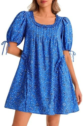 Wenrine Womens Babydoll Mini Dresses Casual Polka Dot Short Sleeve Square Neck Oversized Cute Sum... | Amazon (US)