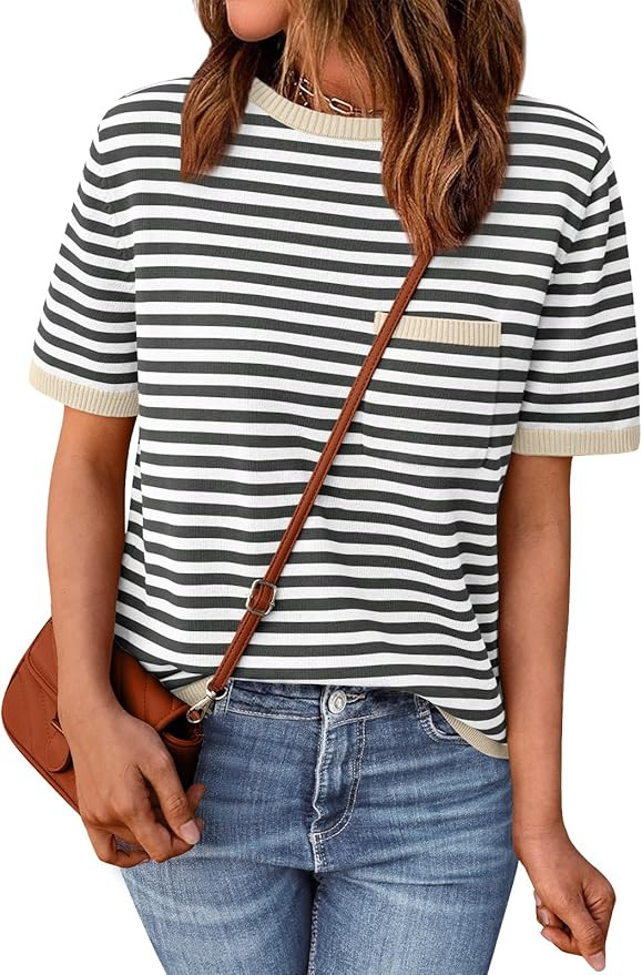 LILLUSORY Womens Striped Short Sleeve Sweater Pullover Shirts with Chest Pocket | Amazon (US)