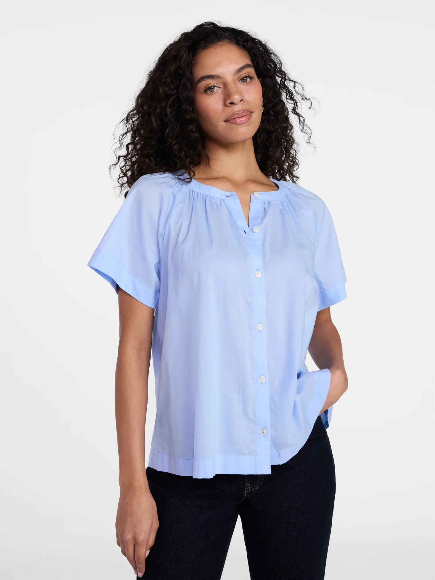 Time and Tru Women's Cotton Button Up Blouse with Short Sleeves, Sizes XS-XXXL | Walmart (US)