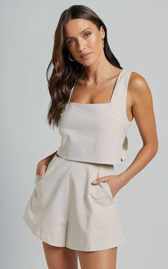 Salvador Two Piece Set - Linen Look Sleeveless Crop Top and High Waisted Tailored Shorts in Oatme... | Showpo (ANZ)