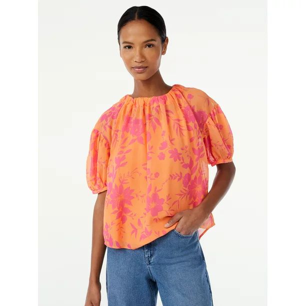 Scoop Women's Puff Sleeve Floral Print Top | Walmart (US)