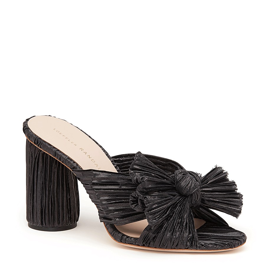 Loeffler Randall High heel knot slide in black pleated lame | Loeffler Randall