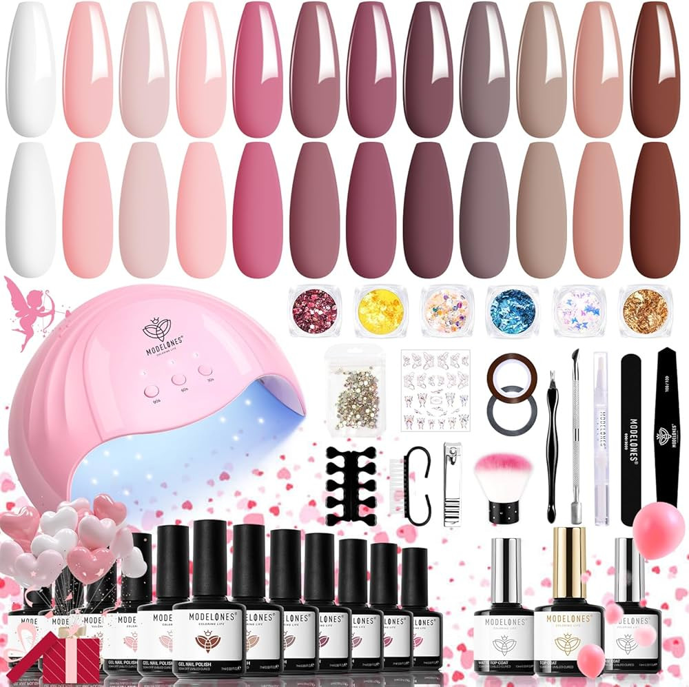 Modelones 35 Psc Gel Nail Polish Kit with U V Light 48W Nail Dryer 12 Colors Valentine’s Day Gi... | Amazon (US)