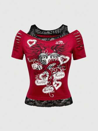 ROMWE Grunge Punk Women's Summer Casual Short Sleeve T-Shirt With Letter Heart Print, Contrast La... | SHEIN