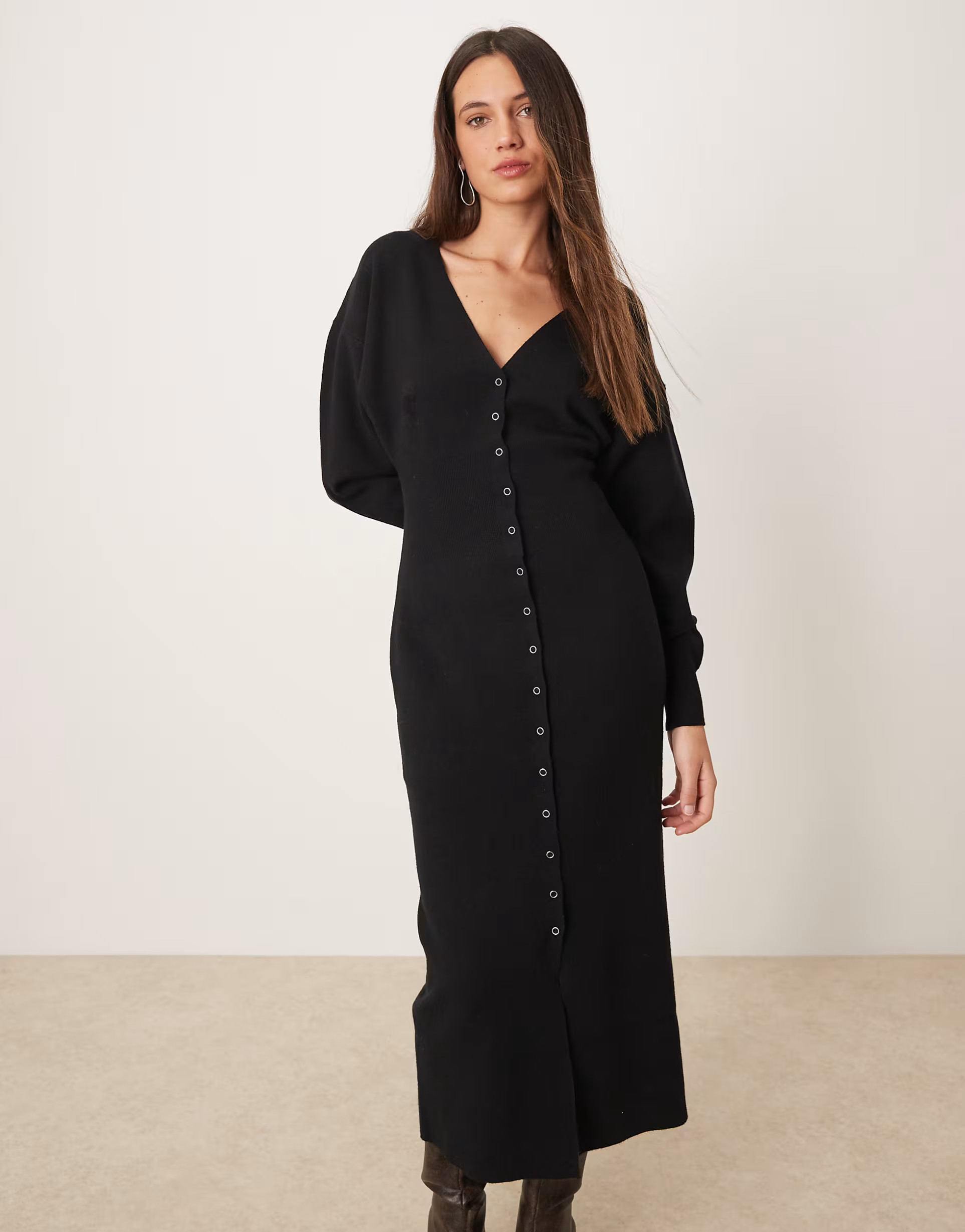 Gina Tricot long sleeve v neck button down midi knit dress in black | ASOS | ASOS (Global)