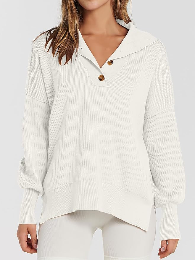 ANRABESS Women's Oversized Sweater 2023 Fall Long Sleeve Button Up V Neck Collar Drop Shoulder Kn... | Amazon (US)