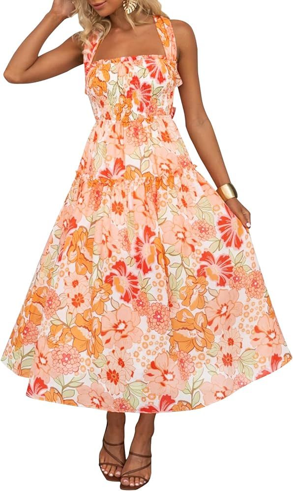 ZESICA Women's Summer Boho Sleeveless Halter Neck Strappy Backless Smocked Flowy Tiered Midi Dress | Amazon (US)