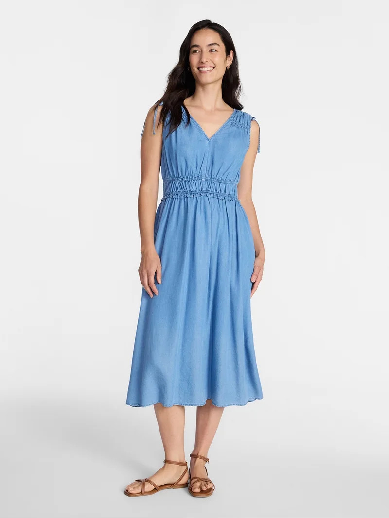 Time and Tru Women's Ruched Tie Shoulder Midi Dress, Sizes XS-XXXL - Walmart.com | Walmart (US)