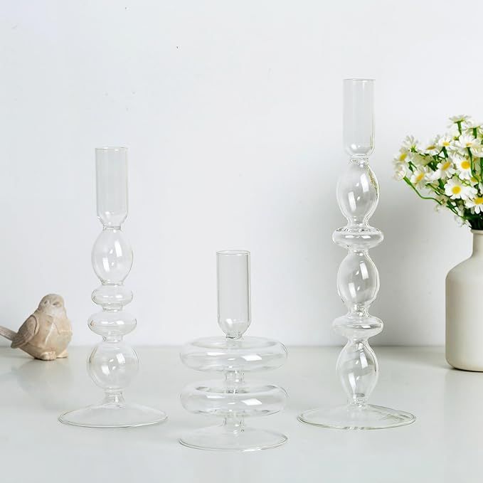 Hewory Glass Candlestick Holders: Clear Glass Taper Candle Holders Set of 3 Vintage Candle Stick ... | Amazon (US)