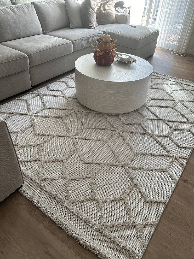 Malilinao Area Rug - Beige embossed trellis rug with small tassels | Boutique Rugs