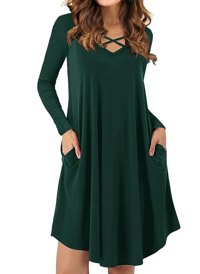 QIXING Women's Criss Cross Casual Dress Long Sleeve Swing Hem V-Neck Sexy T-Shirt Dresses with Po... | Amazon (US)