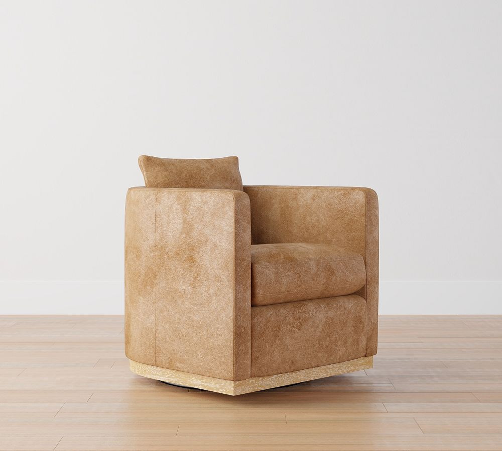 Ayden Barrel Leather Wood Base Swivel Chair | Pottery Barn (US)