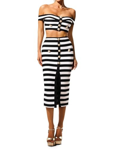 Tsukko Black Two Piece Skirt Set For Women Striped Knit Skirt Set Sleeveless Off The Shoulder Top Midi Skirt With Slit Bandage Party Dress | Amazon (US)