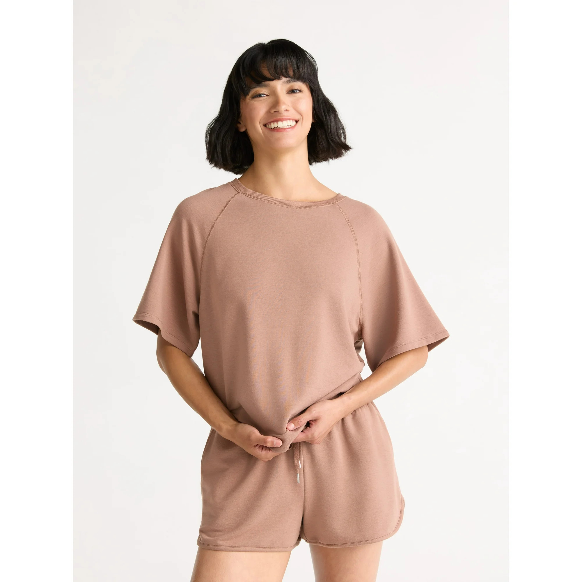 Joyspun Women's French Terry Short Sleeve Top and Shorts Pajama Set, 2-Piece, Sizes XS-3X | Walmart (US)