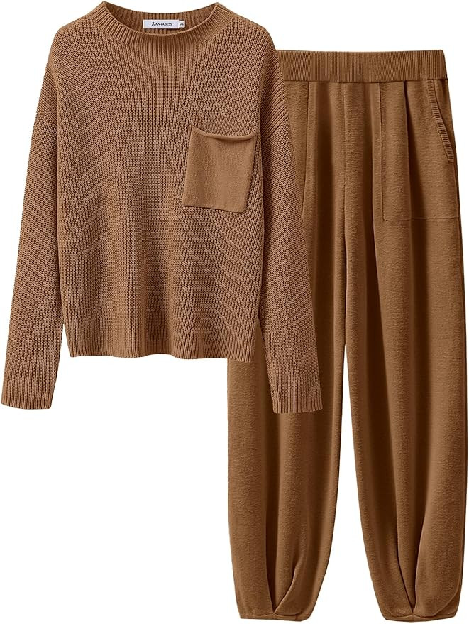 ANRABESS Women's Two Piece Outfits Long Sleeve Knit Top Fall Sweater Set Oversized Pants Tracksui... | Amazon (US)