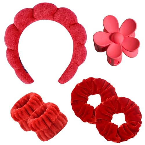 BluOcnMkt 6PCS Skincare Headbands for Women Red Spa Makeup Headband Set, Large Flower Hair Claw Clip, Velvet Elastic Hair Scrunchies | Amazon (US)