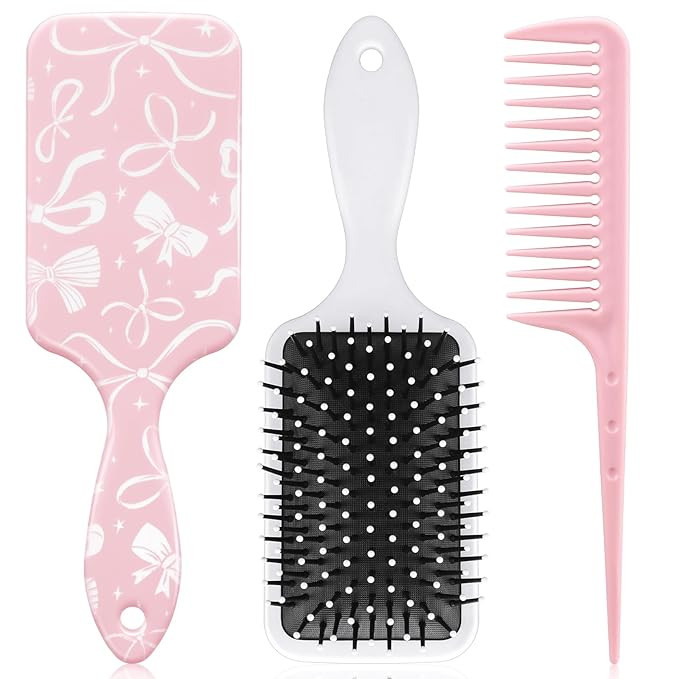 Weysat Coquette Bow Paddle Hair Brush and Pastel Pink Detangle Tail Comb Set Bow Print Anti Stati... | Amazon (US)