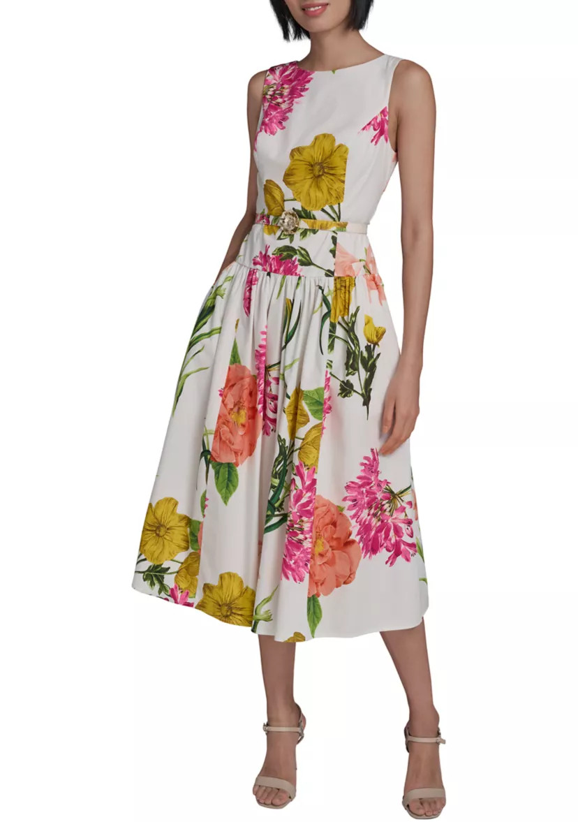 Women's Sleeveless Printed Cotton Floral Full Midi Skirt with Flower Belt | Belk