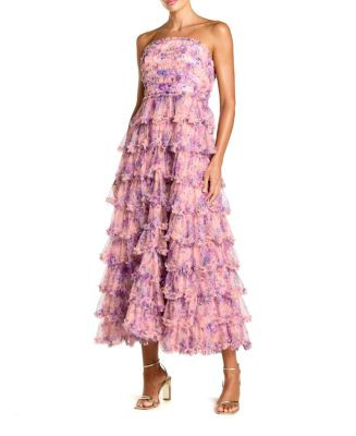 Printed Mesh Strapless Ruffle A Line Midi Dress | Bloomingdale's (US)