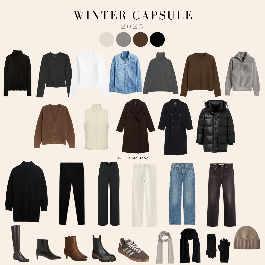  (1/2) 
Winter Capsule Wardrobe 2025
Your guide to effortless winter style: cozy sweaters, classic coats, warm layers, chic boots, and the most versatile jeans + trousers.
If you want a wardrobe that makes getting dressed EASY during busy winter days (especially for moms!), this capsule has everything you need.
All pieces are neutral, mix-and-match, and perfect for everyday wear.

winter capsule, mix and match outfits, winter outfit ideas, mom style, wardrobe essentials.

 

#LTKFindsUnder100 #LTKSeasonal #LTKFindsUnder50