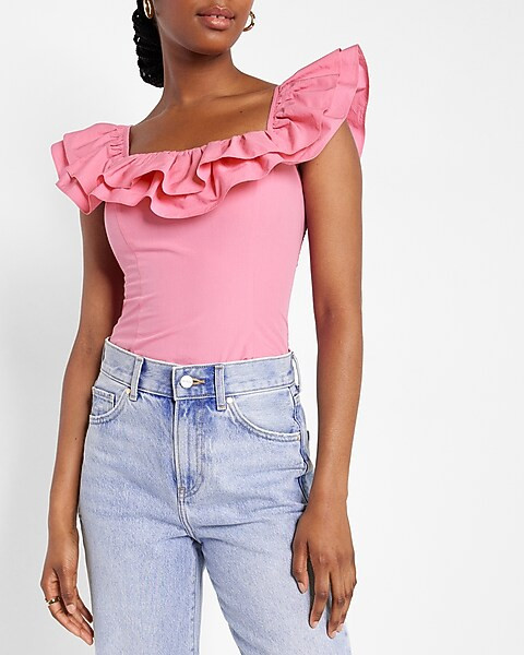 Poplin Ruffle Sleeve Thong Bodysuit | Express