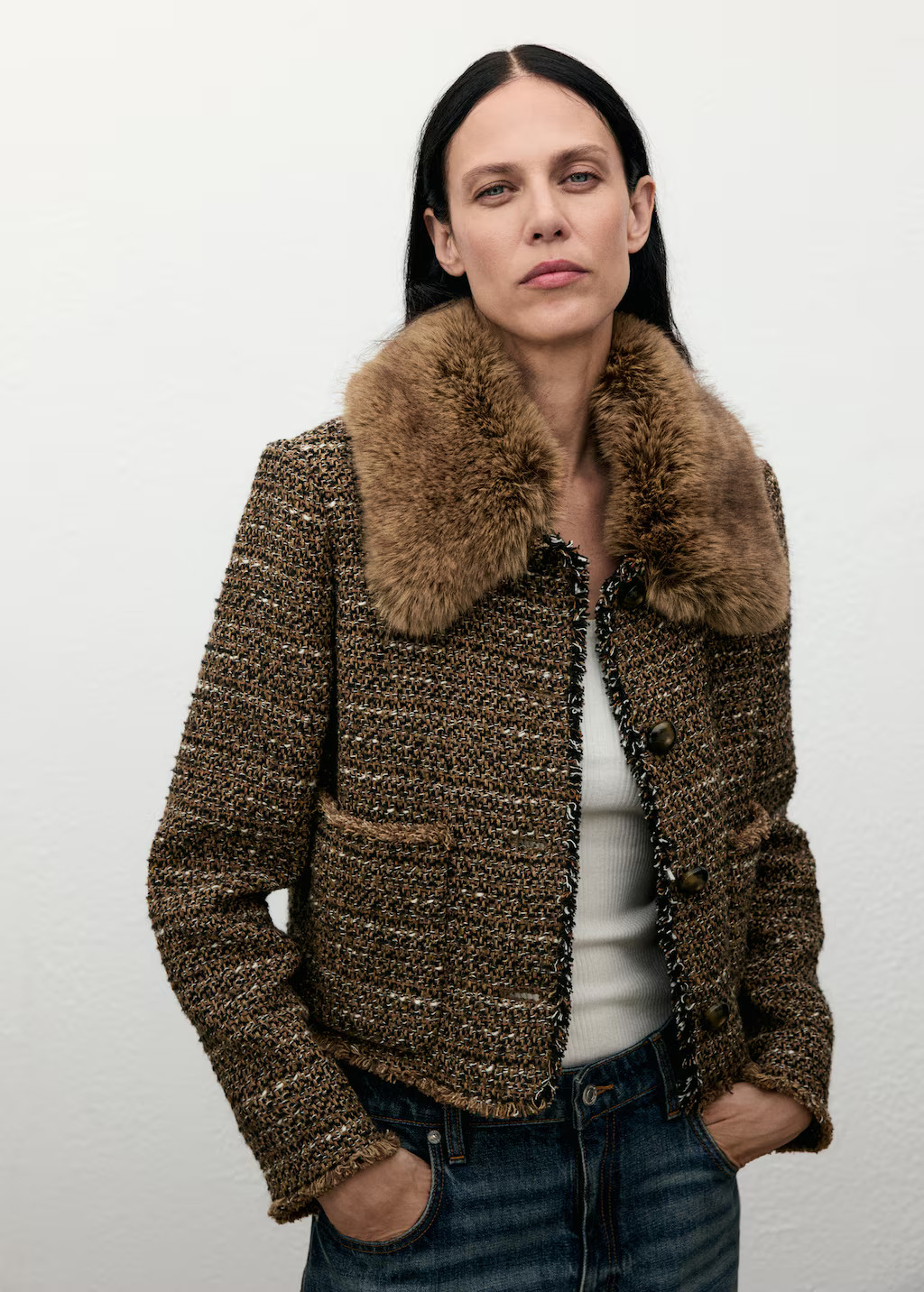 Tweed jacket with fur collar | Mango (US/MX/AU)