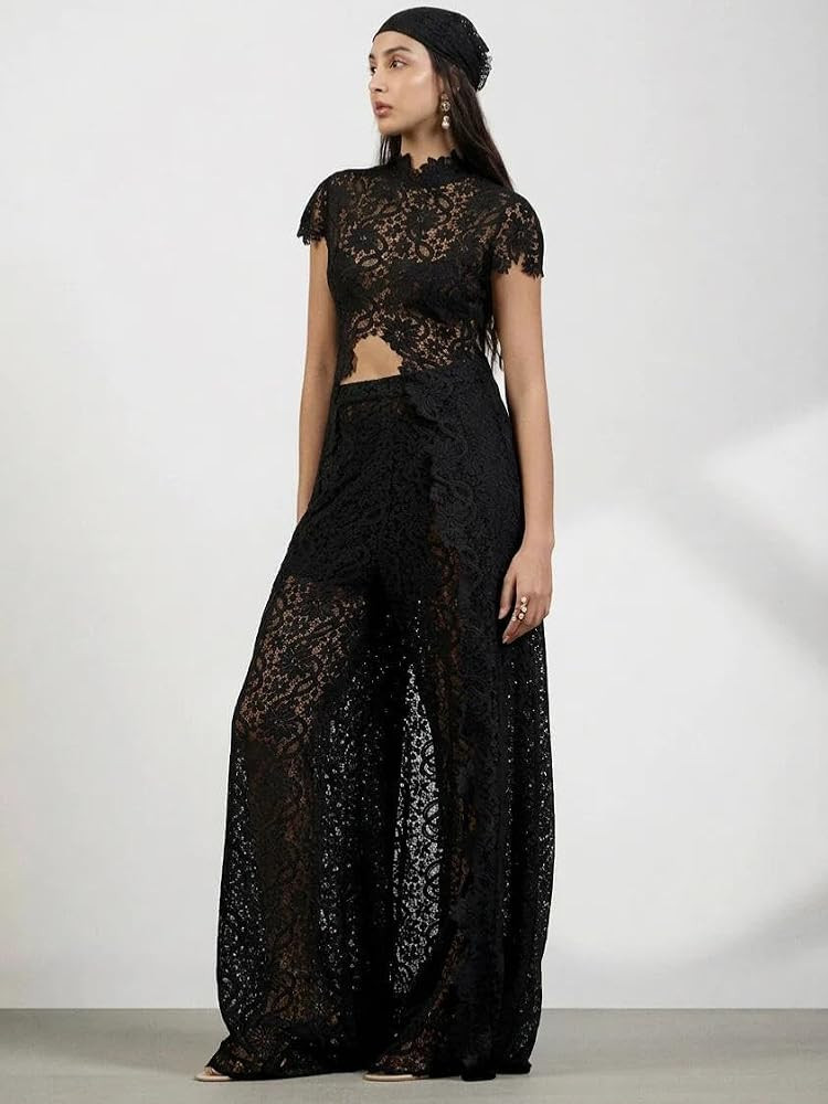 2 Piece Sets for Women Dressy Asymmetrical Lace Top Button Down and Wide Leg Pants Date Outfits | Amazon (US)
