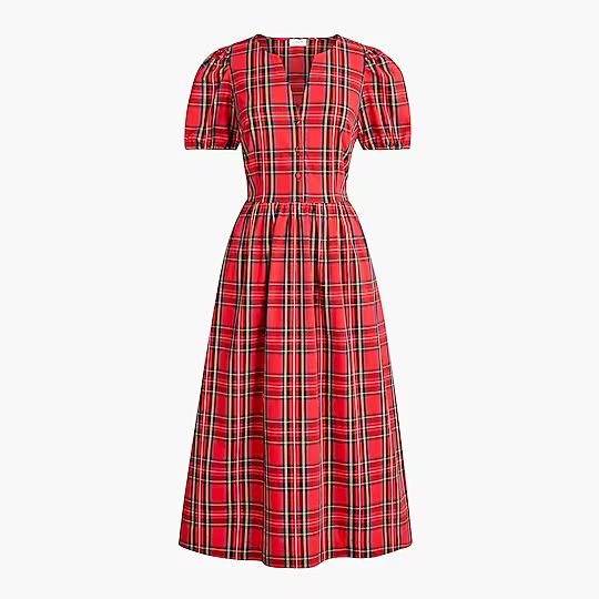 Tartan puff-sleeve cotton poplin dress | J.Crew Factory