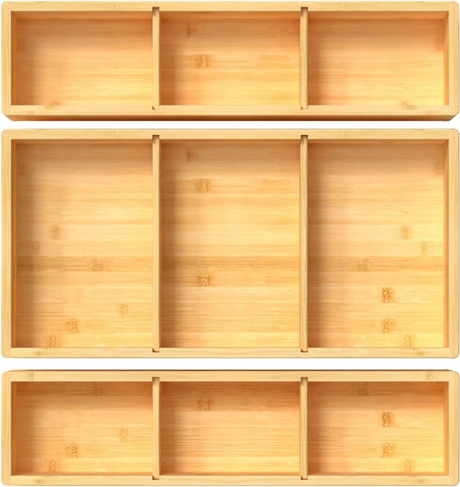 Bamboo Drawer Organizer Box 12.5'' X 12.5'' X 2'', Adjustable 3 Individual Storage Containers Dra... | Amazon (US)