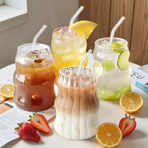 UHAPEER Ribbed Glass Cups Set of 4: 18OZ Vintage Aesthetic Iced Coffee Glasses with Straws, Cute Drinking Glasses with Wave Shape Design, Matcha Glass Cup Bubble Cups for Juice, Tea, Beverage, Gift | Amazon (US)