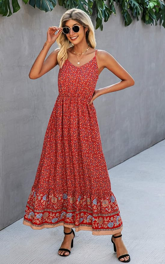 Angashion Women's Dresses Floral Adjustable Spaghetti Strap V Neck Boho Long Maxi Dress Summer Be... | Amazon (US)
