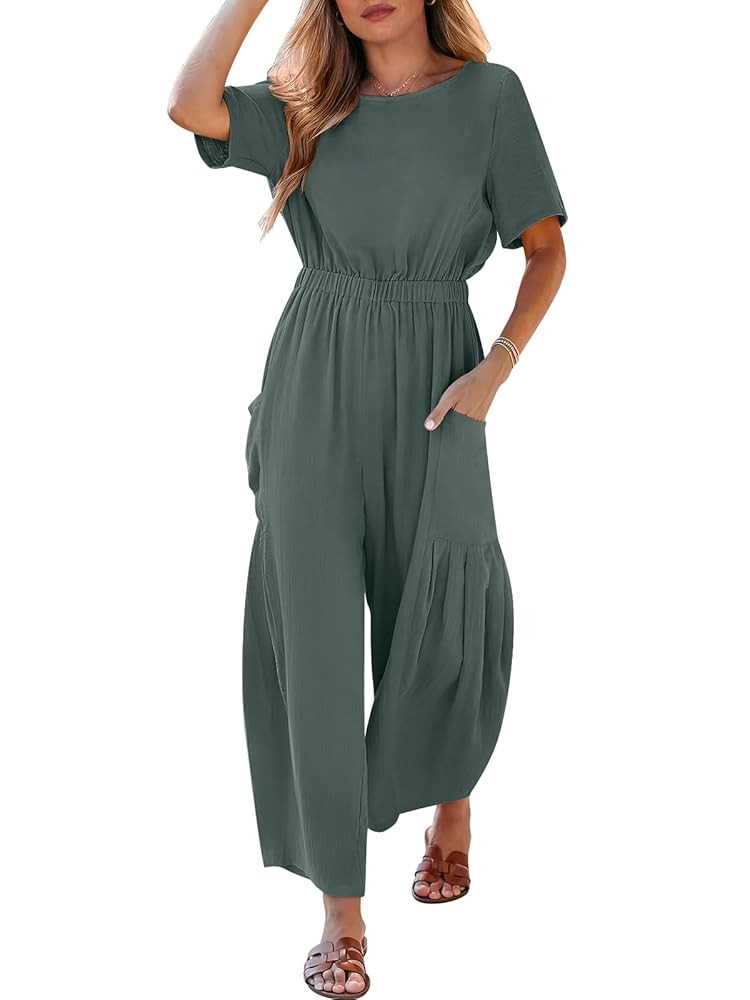 ANRABESS Women Linen Jumpsuits 2025 Summer Casual Loose Short Sleeve Wide Leg One Piece Jumper Ro... | Amazon (US)