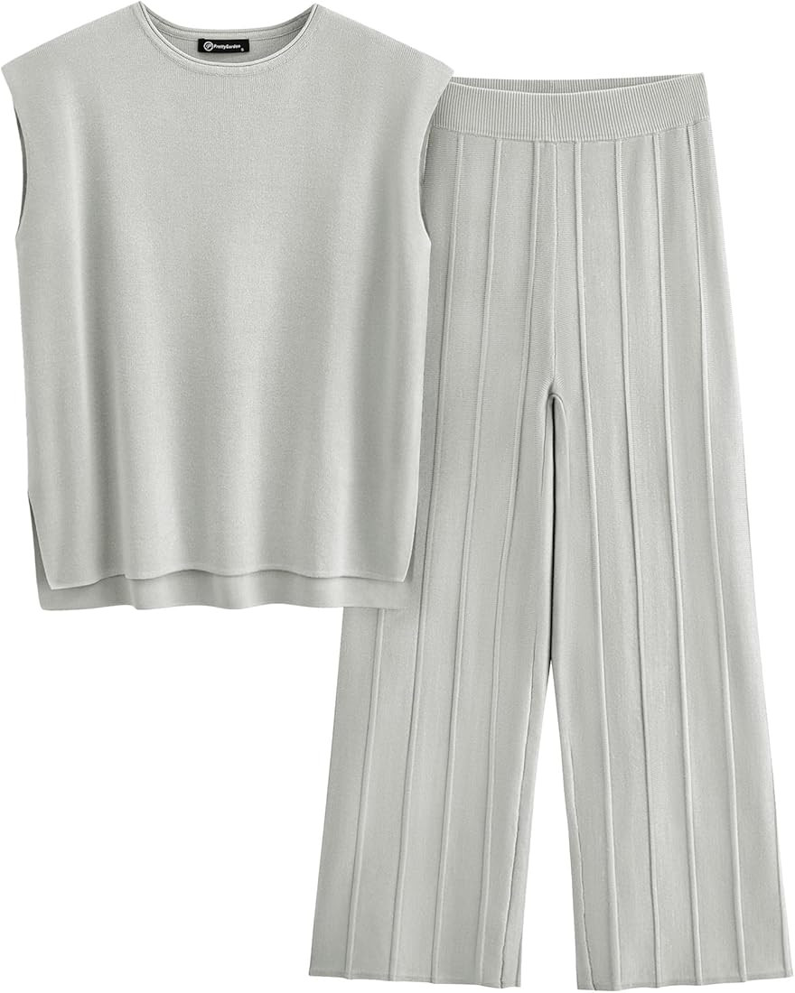 PRETTYGARDEN Women's 2 Piece Outfits Knit Loungewear High Low Pullover Tops and Wide Leg Pants Ca... | Amazon (US)