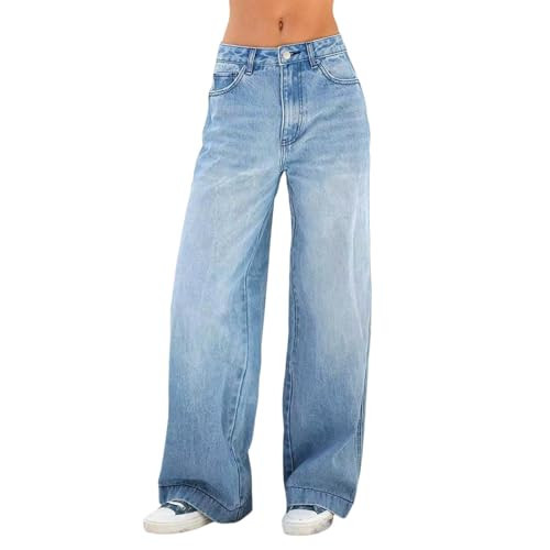 Women’s Wide Leg Baggy Jeans Mid Rise Straight Leg Denim Pants Vintage Casual Streetwear Y2K Style Jeans (Light Blue,Large) | Amazon (US)