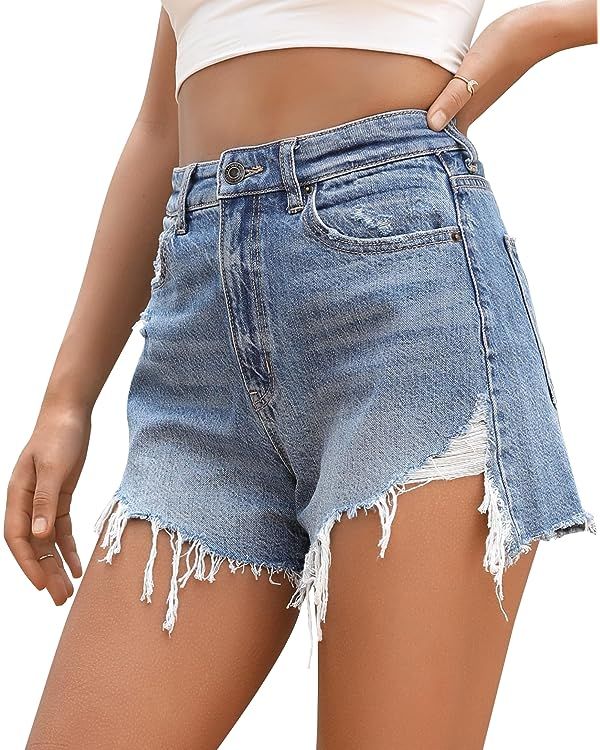 OFLUCK Women's Ripped Denim Shorts High Waisted Destroyed Summer Casual Jean Short with Pockets | Amazon (US)