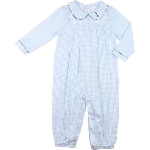 Blue Gingham Knit Long Romper | Cecil and Lou