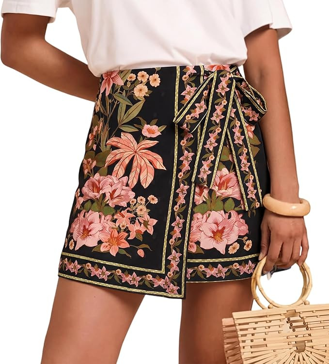 Womens Wrap Mini Skirt Boho Floral Printed Knot Side High Waist A Line Casual Summer Beach Short ... | Amazon (US)